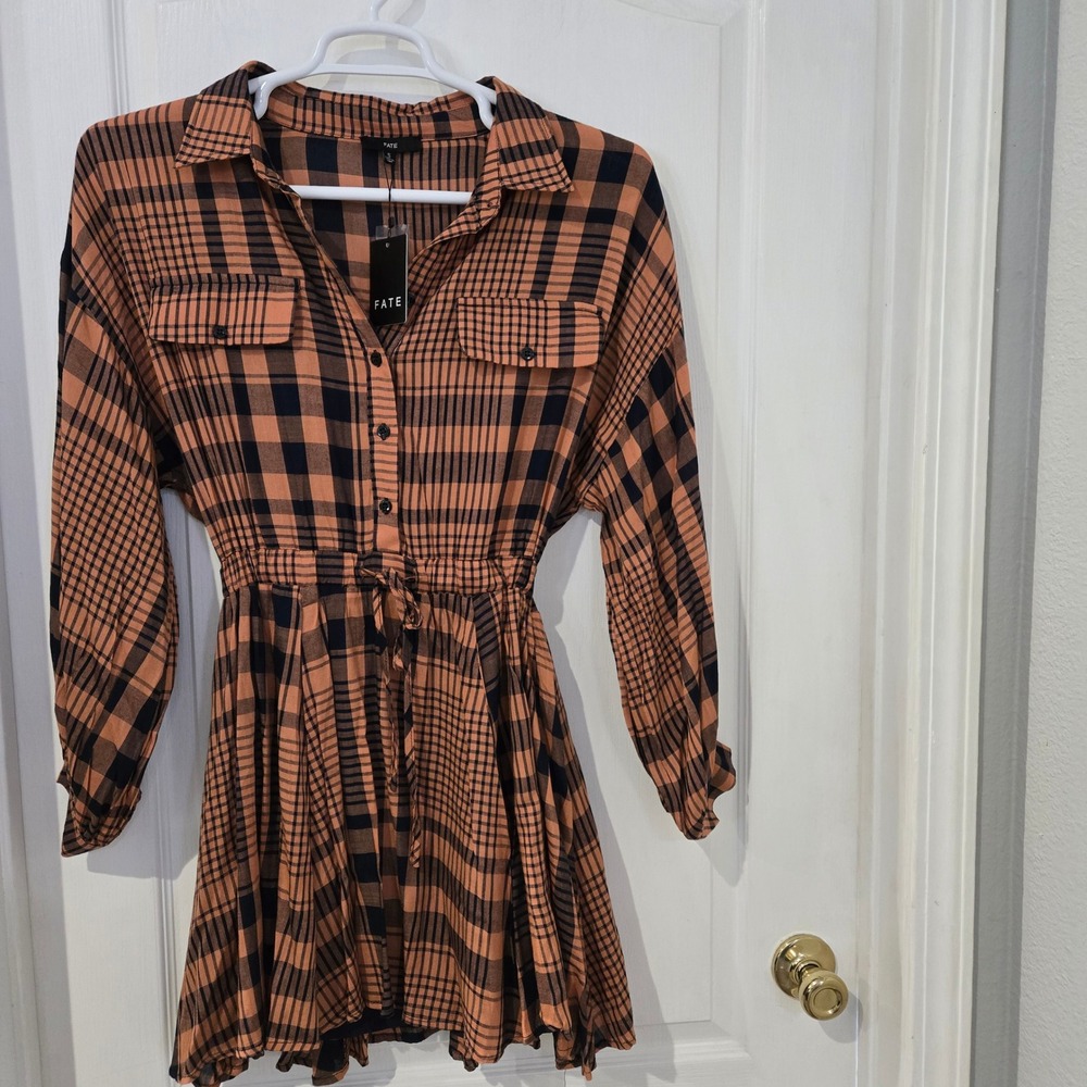 Fate Plaid Shirt Dress Womens S Orange Navy Blue NWT Elastic Waist